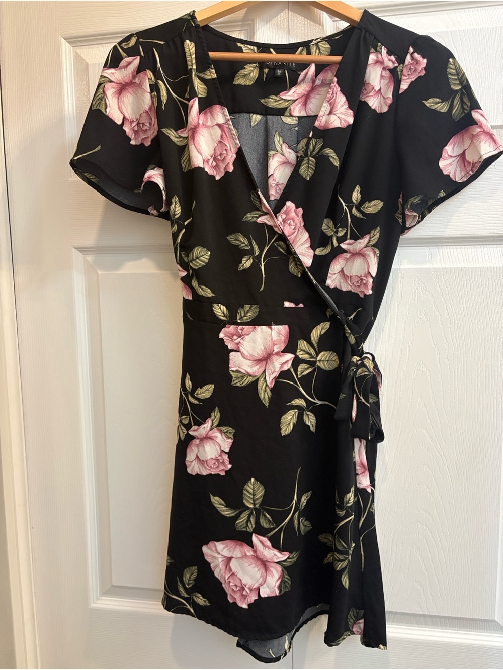 Dynamite Black Wrap Mini Dress with Pink Rose Print
